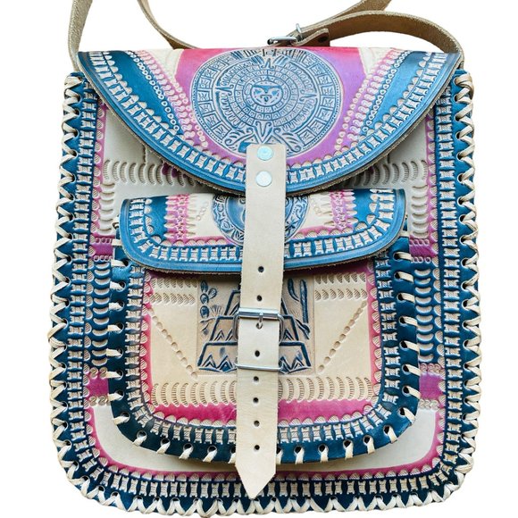 Hand Tooled Leather Bag Crossbody Western Aztec Native American Boho Hippie Big